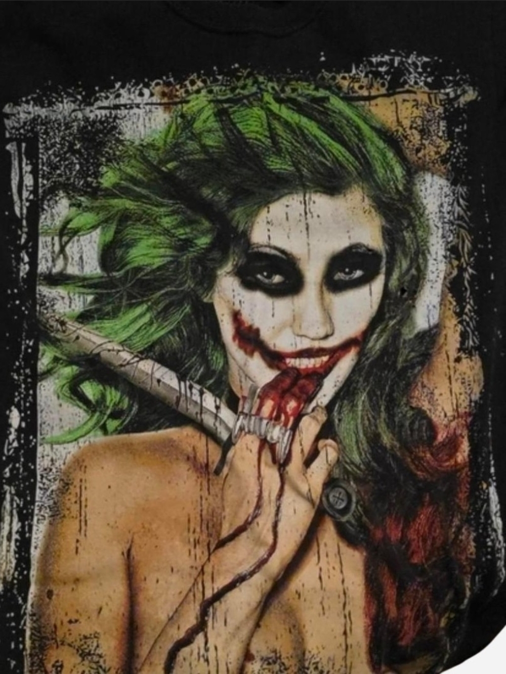 Spencer's Women's Joker-Style Graphic Tee in Black with Green and Red Accents